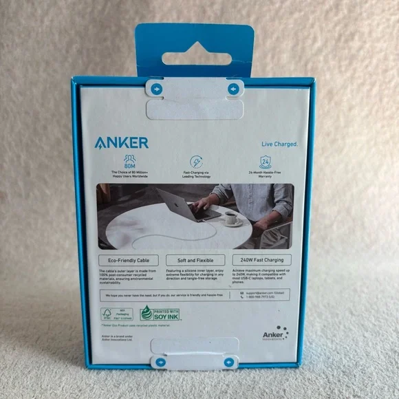 NEW Anker 3ft USB-C Phone Charger Cable Fast Mobile Charging Cord White 240W - Picture 2 of 3